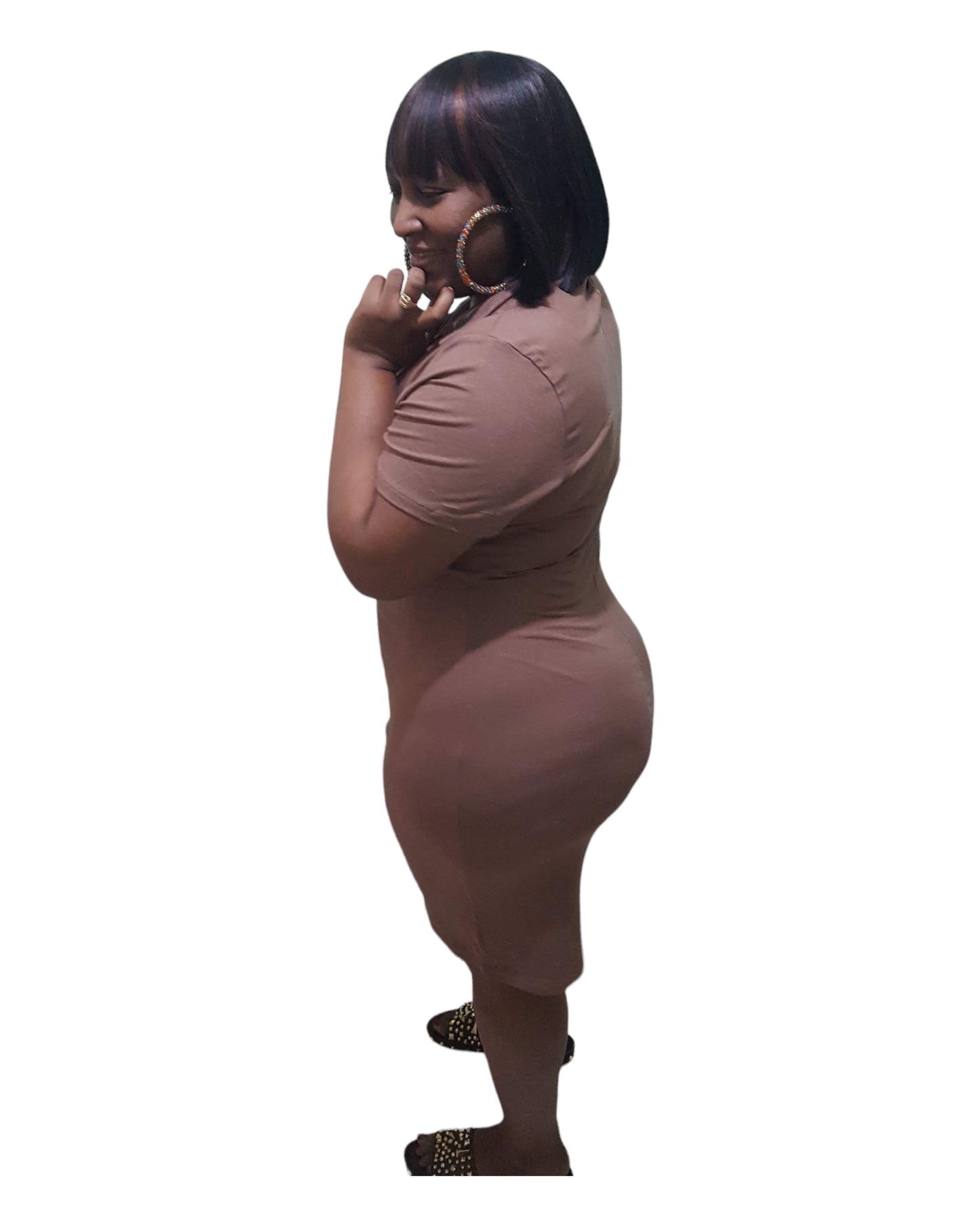 Trendy V Neck Dress - Brown Plus Size