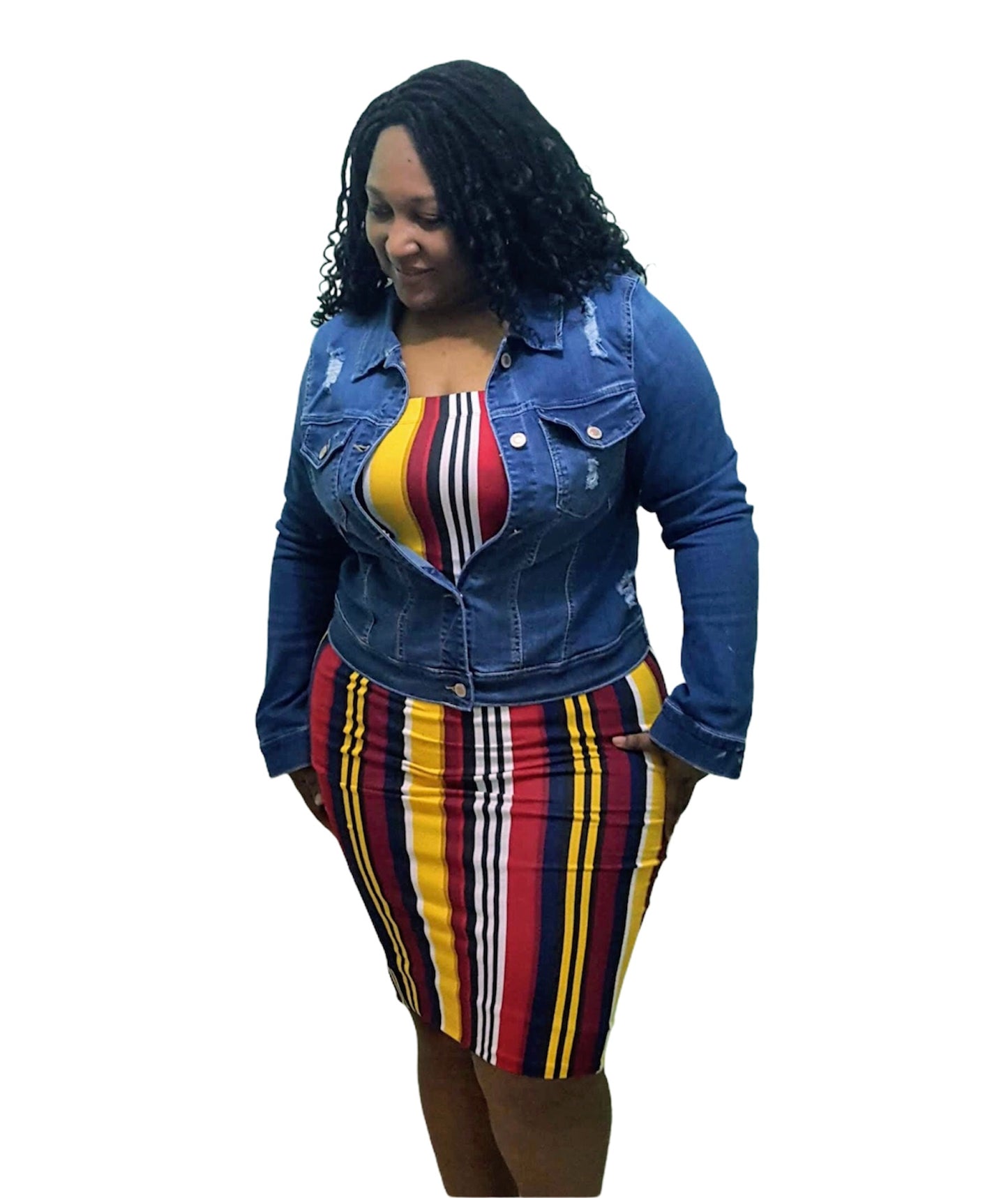 Denim Jacket - Distressed Medium Blue Plus Size