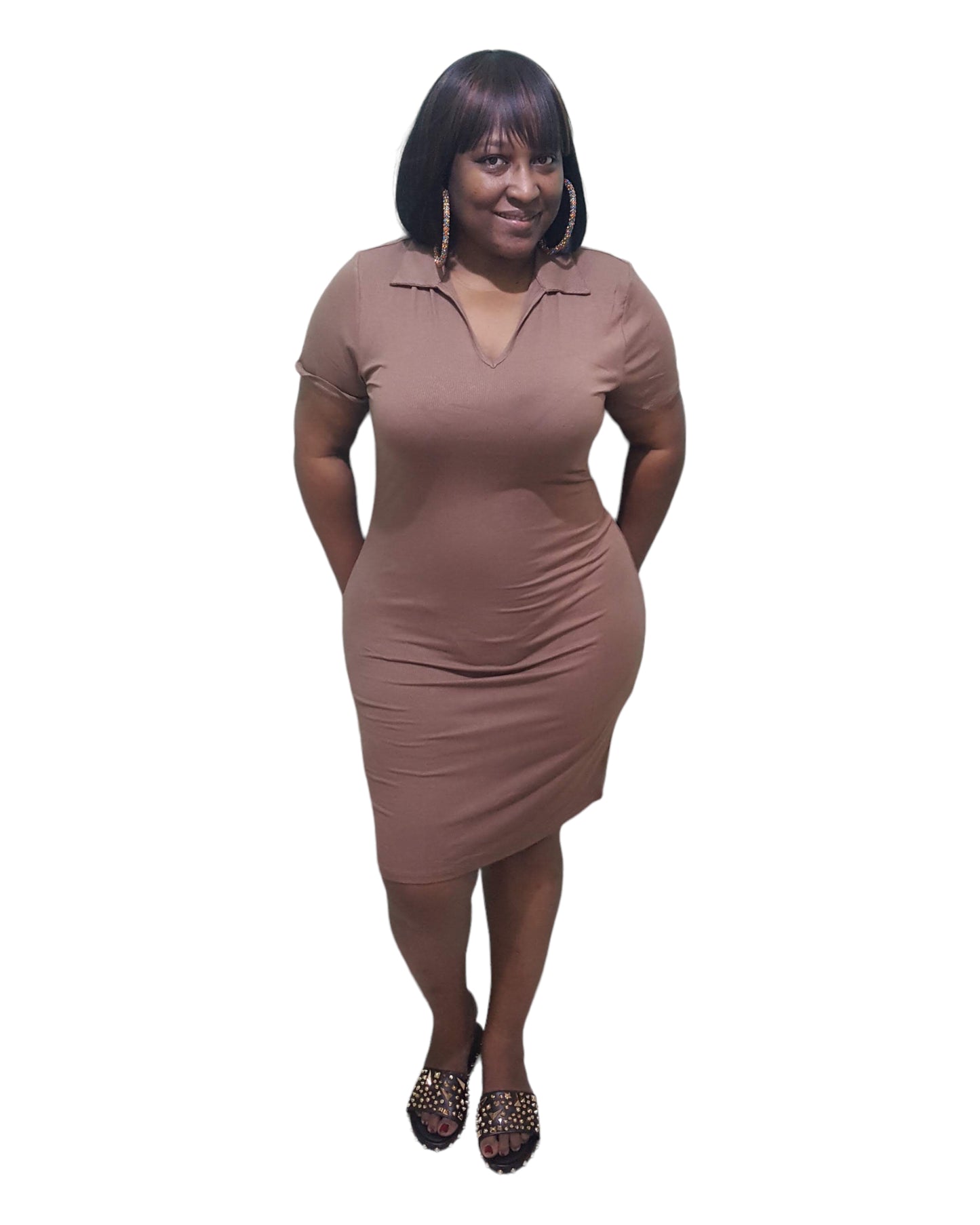 Trendy V Neck Dress - Brown Plus Size