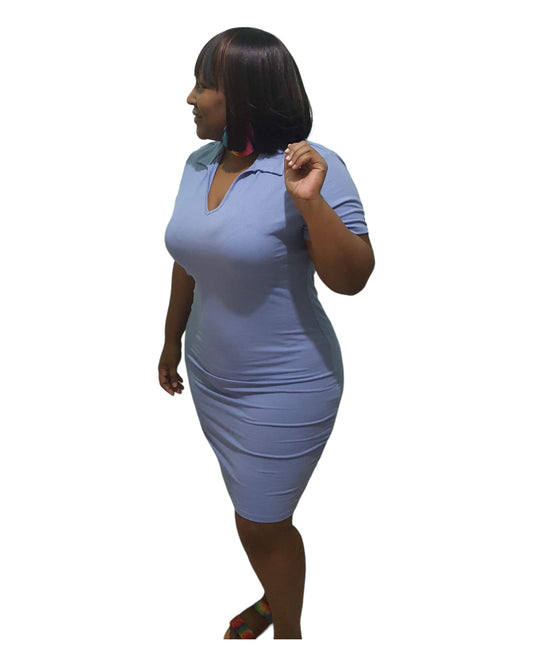 Trendy V Neck Dress - Denim Blue Plus Size