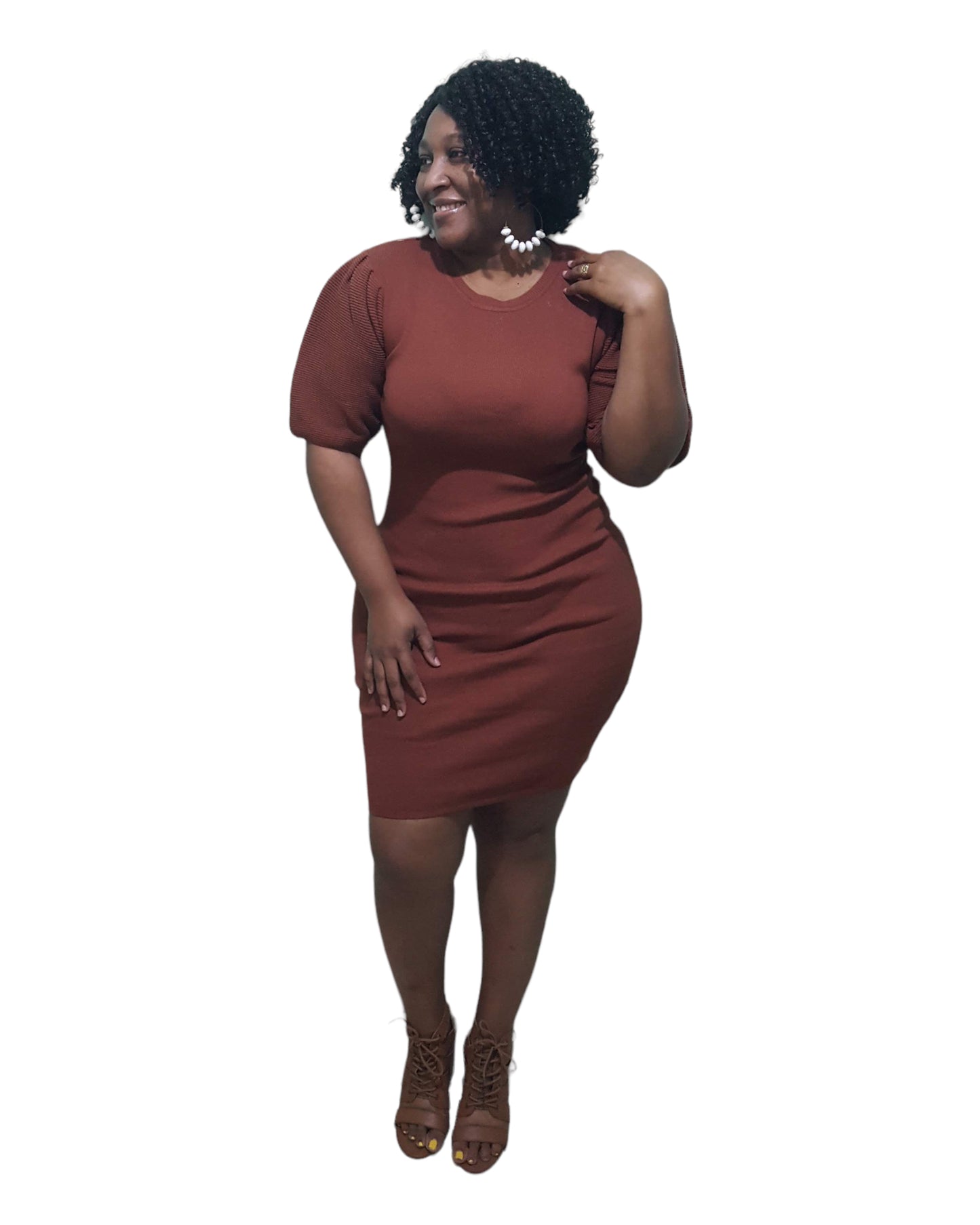 Puff Sleeve Bodycon Dress - Brown Plus Size