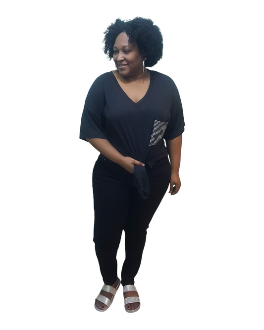 Rhinestone Pocket Top - Plus Size