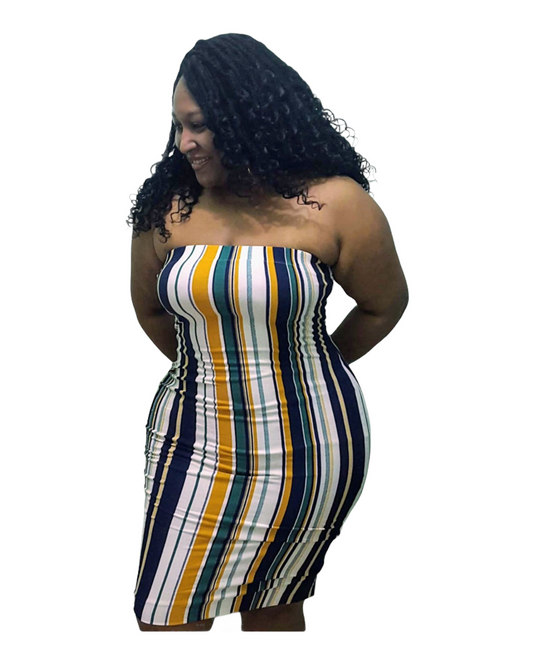 Mia Tube Dress - Blue White Mustard Stripe Plus Size