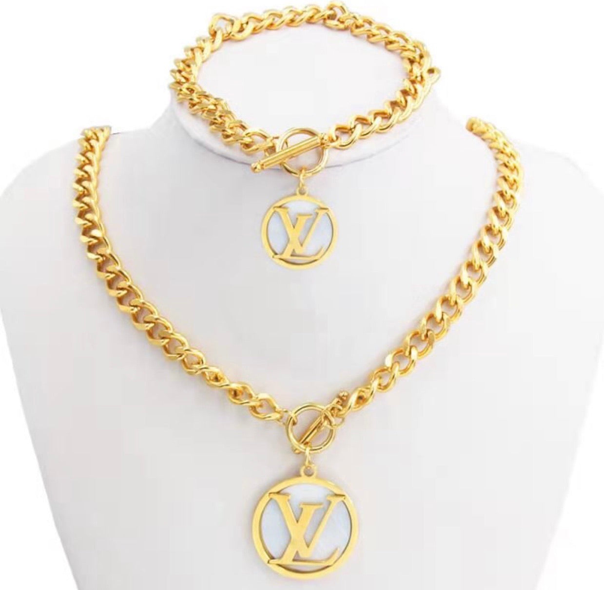 LV Gold and White Necklace and Hand band