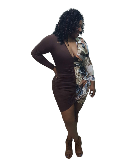 Scrunchie Mini Dress - Brown Plus Size