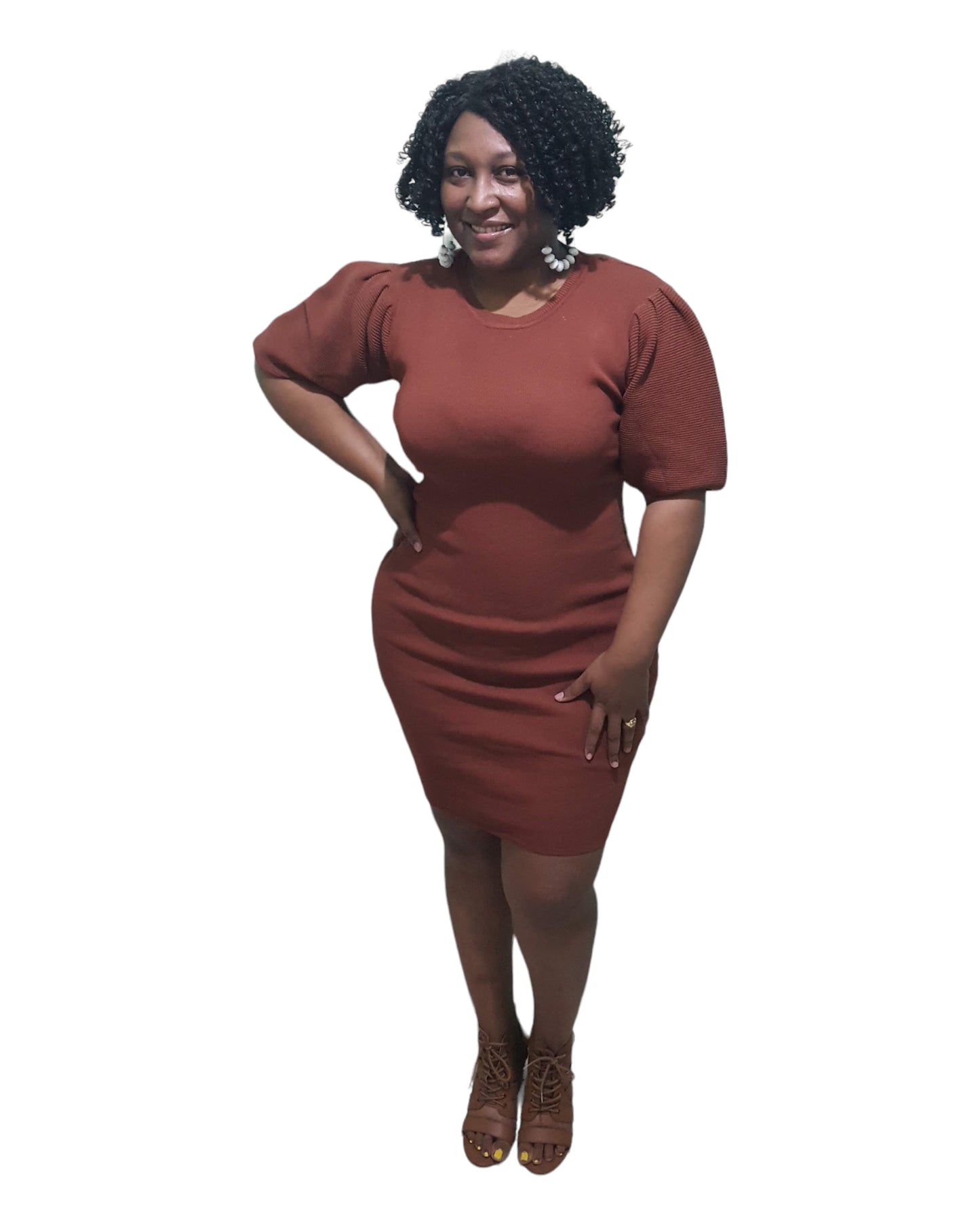 Puff Sleeve Bodycon Dress - Brown Plus Size