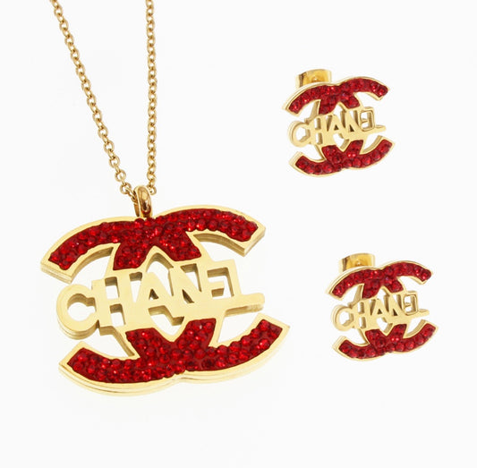 Red and Gold CC Necklace and Earring