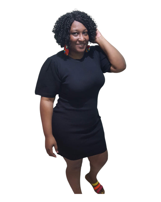 Puff Sleeve Bodycon Dress - Black Plus Size